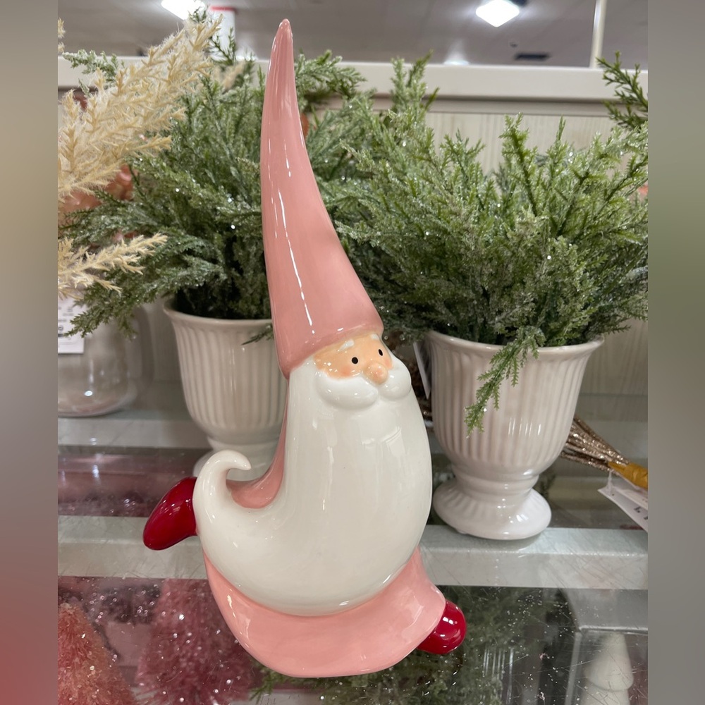 Pink Christmas Santa Claus Gliding in Red Shoes Santa Gnome Ceramic Figure NEW